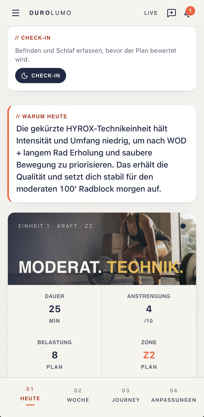 Durolumo App: Tagesansicht mit der Karte „Warum heute“. Das Athletenfoto in der Einheiten-Karte ist KI-generiert.